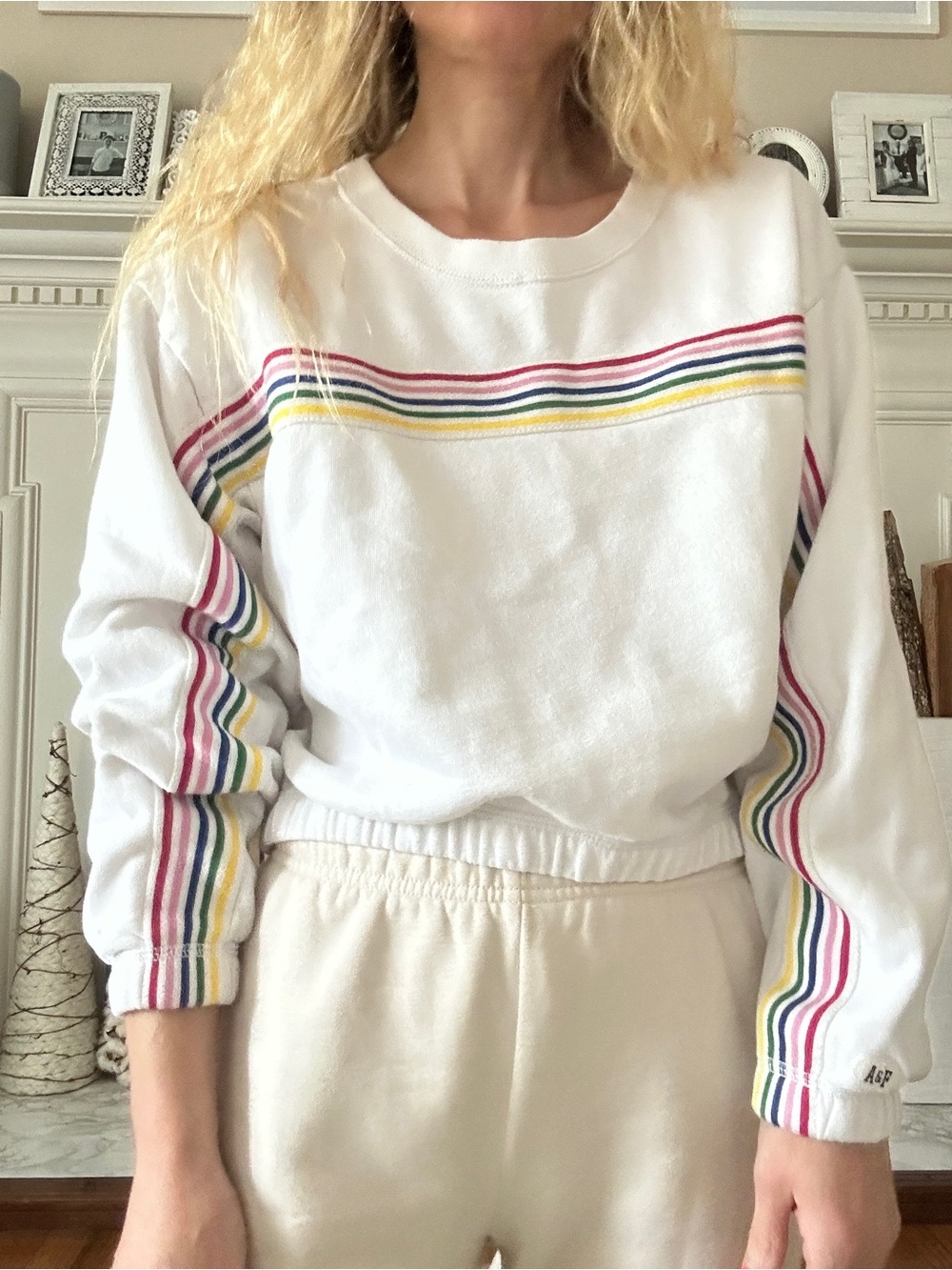 Abercrombie & Fitch White Sweatshirt with Rainbow Stripes
